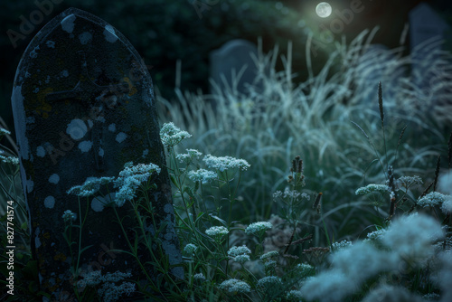 Mysterious Moonlit Cemetery with Overgrown Grass and Old Gravestones photo