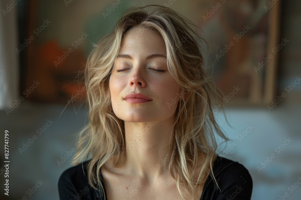 Serene Woman with Closed Eyes Enjoying Peaceful Moment in Cozy Home Setting Serene Woman with Closed Eyes Enjoying Peaceful Moment in Cozy Home Setting