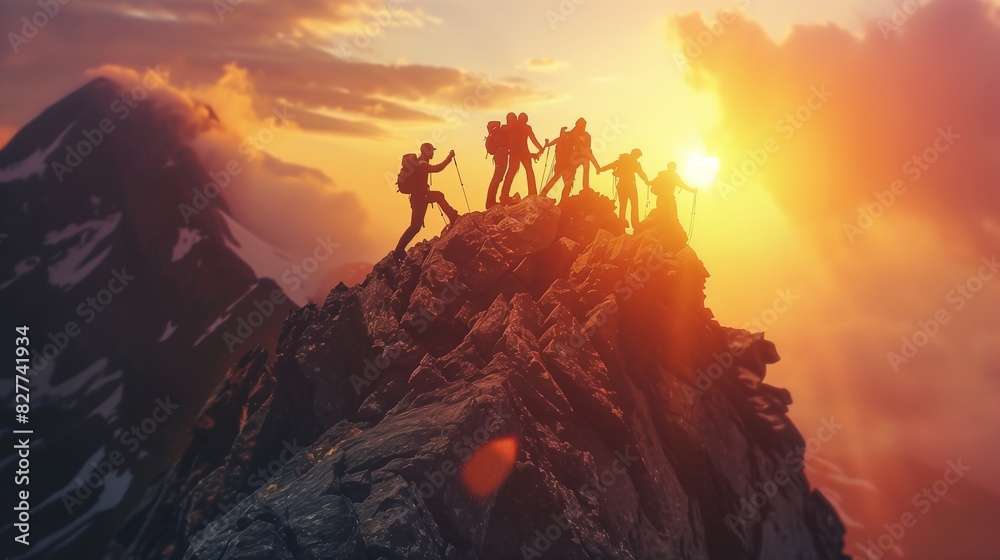 Teamwork Triumph: Reaching Mountain Summit at Sunset