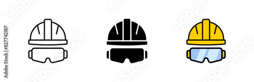 Hard hat with goggles icon. Construction helmet with safety mask vector symbol. Engineer hat with protection glasses illustration isolated.