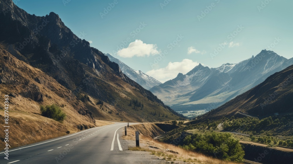 asphalt wavy mountain road green trees clouds vacation.