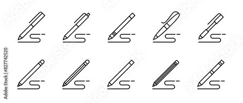 Drawing pen and pencil line icon set. Marker and crayon ink mark symbol. Sketching tools vector illustration isolated.