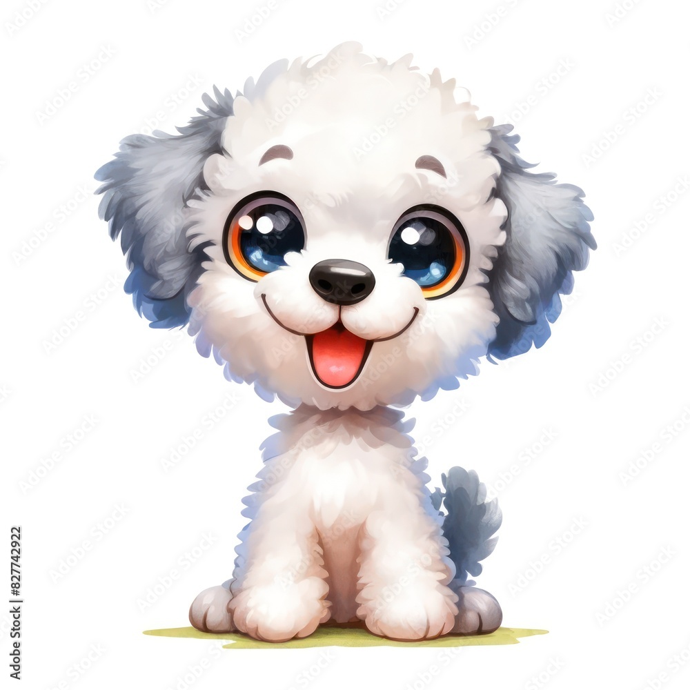 Obraz premium A cheerful full-body watercolor cartoon Bedlington Terrier dog sitting with big, expressive, bright, and sparkling eyes. The Bedlington Terrier has a happy