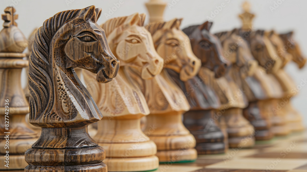 Fototapeta premium Close-Up Shot of Chess Pieces on Wooden Board