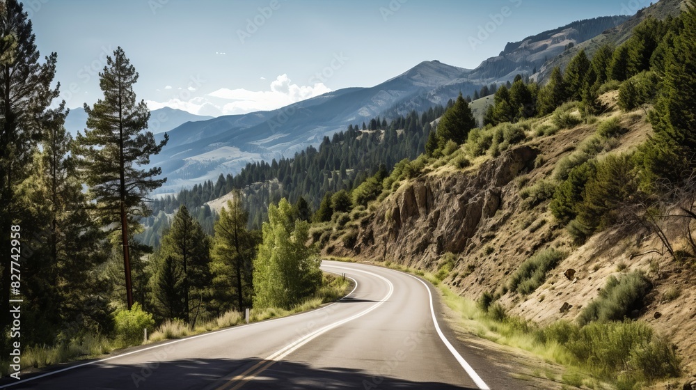Fototapeta premium asphalt wavy mountain road green trees clouds vacation.