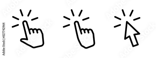 Cursor icon set. Finger pointer pictogram. Arrow click symbol. Hand touch or press icon. Web or app interface outline vector illustration isolated.