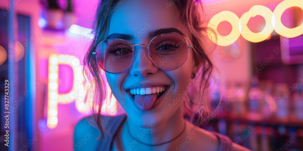 Playful Young Woman Having Fun with Neon Lights Background in Trendy Urban Setting