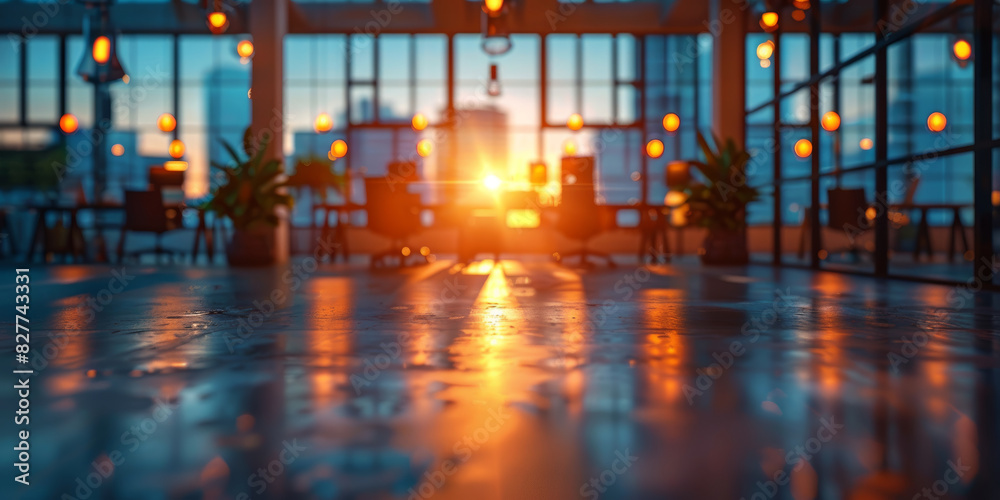 Modern Open Office Space with Sunset View Through Large Windows Modern Open Office Space with Sunset View Through Large Windows