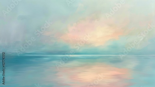 A rectangle painting of a natural landscape featuring a lake with a beautiful sunset in the background. The sky is filled with cumulus clouds  creating a stunning art piece AIG50