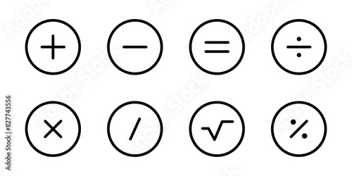 Calculator buttons icon set. Plus, minus and equals symbols. Multiply and divide vector illustrations. Estimate and calculate mathematic icon set isolated.