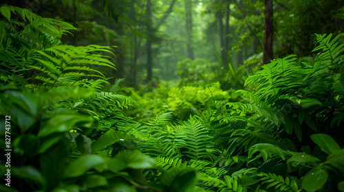 Deep in the forest, green vegetation creates living nature. A variety of plants, from tall trees to low shrubs and vines, create a complex ecosystem full of colors and shapes.