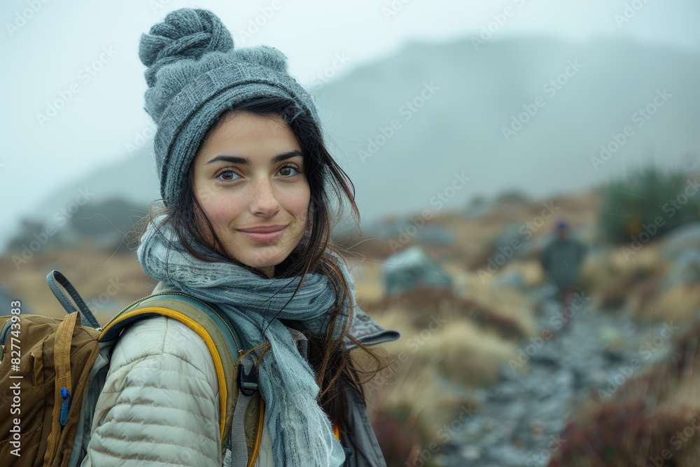 Young Woman Hiking in Misty Mountains with Backpack and Warm Clothing Young Woman Hiking in Misty Mountains with Backpack and Warm Clothing