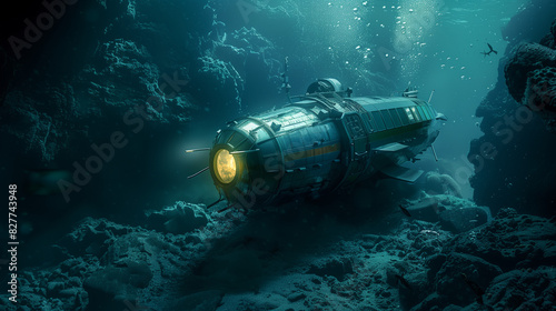 In the darkness of the ocean depths  the submarine illuminates its surroundings with powerful searchlights  revealing the unimaginable beauty and secrets of the marine world.