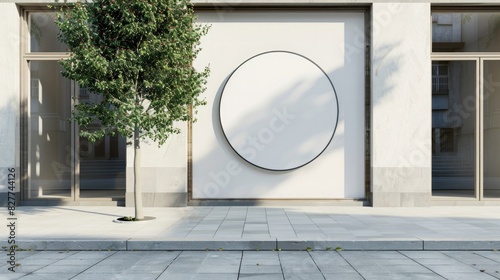 Circular store brand sign board mockup. Empty shop frontage in street photo