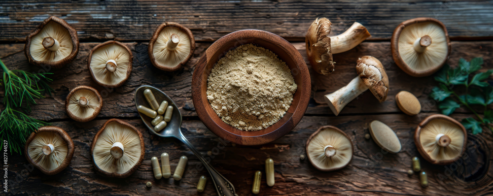 Rustic Shitake Mushroom Powder with Herbal Capsules on Wooden Background Rustic Shitake Mushroom Powder with Herbal Capsules on Wooden Background