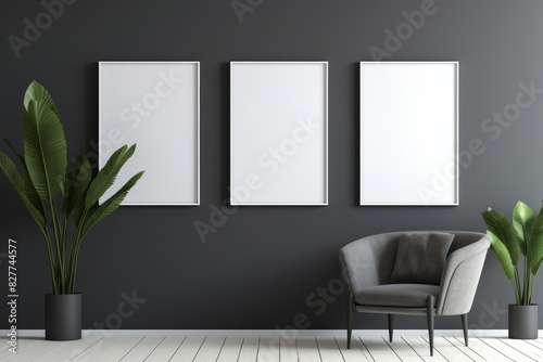 Modern Interior Design With Blank White Canvases On A Dark Wall. Generative AI