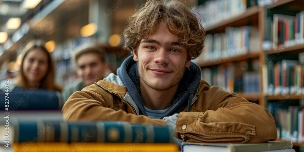 Smiling Student in Library Surrounded by Books, Engaged Youth in Learning Environment Smiling Student in Library Surrounded by Books, Engaged Youth in Learning Environment