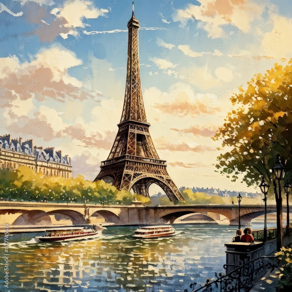 Fototapeta premium eiffel tower sketched, generative ai