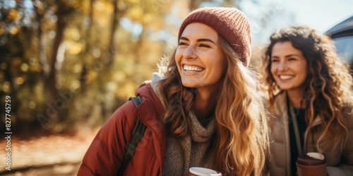 Women Hiking in Autumn Forest with Coffee Cups, Smiling and Enjoying Nature