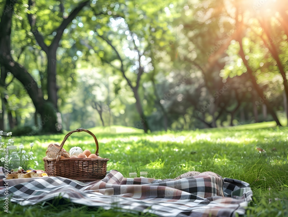 A charming picnic setup with baskets of food and drinks on a red-checkered blanket in a sunlit, tranquil forest. A charming picnic setup with baskets of food and drinks on a red-checkered blanket in a sunlit, tranquil forest.