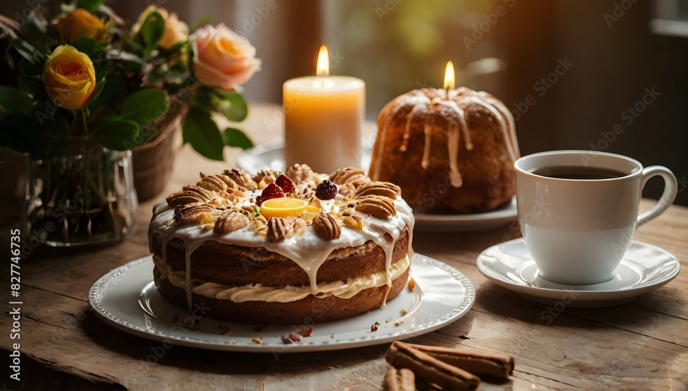Breakfast table hot coffee birthday cake with candles some pastries autumn ambient daylight warm sunlight Breakfast table hot coffee birthday cake with candles some pastries autumn ambient daylight warm sunlight