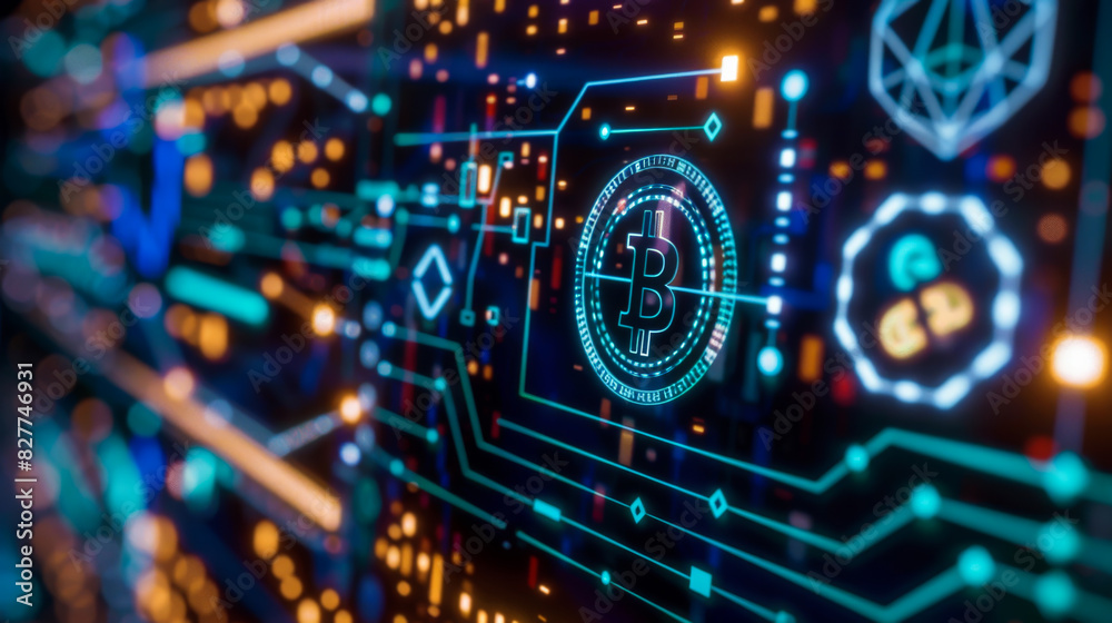 Digital screen with a chain of transition of traditional banking to cryptocurrency. Business concept. Modern banking system. Digital screen with a chain of transition of traditional banking to cryptocurrency. Business concept. Modern banking system.