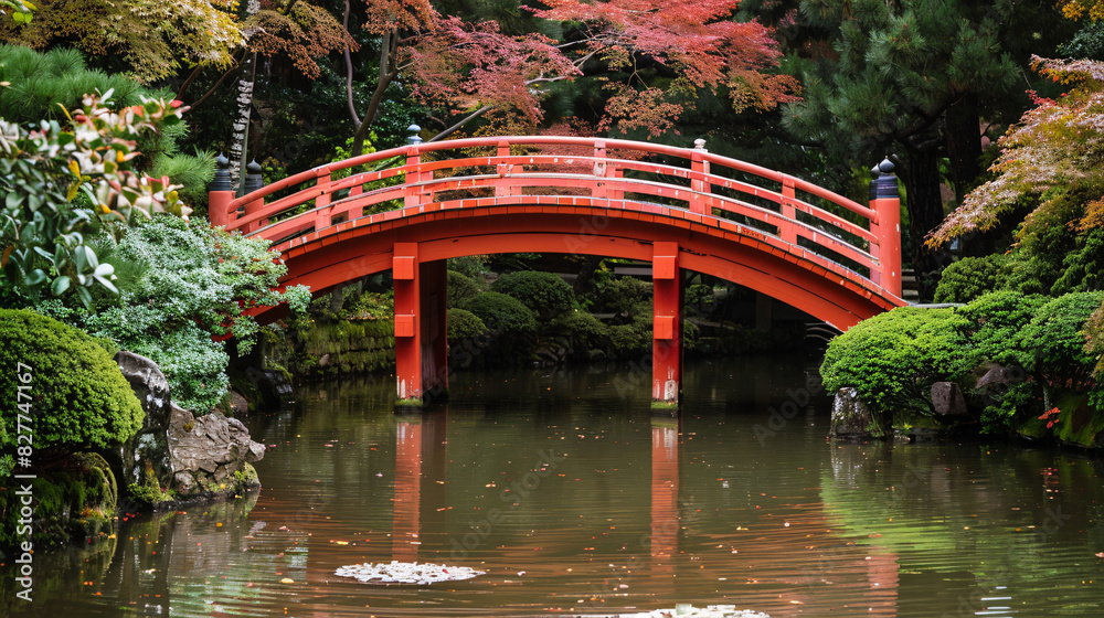 Red bridge in japanese garden. Tranquil scene of a red bridge reflected in the calm waters of a Japanese garden surrounded by colorful autumn foliage. Red bridge in japanese garden. Tranquil scene of a red bridge reflected in the calm waters of a Japanese garden surrounded by colorful autumn foliage.