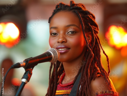 A woman with dreadlocks singing into a microphone. Concept of empowerment and confidence as the woman sings into the microphone