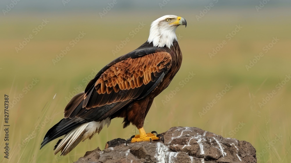 A bald eagle sits atop a rock, surrounded by tall grass Its head sports a brown and white stripe, and its beak is yellow A bald eagle sits atop a rock, surrounded by tall grass Its head sports a brown and white stripe, and its beak is yellow