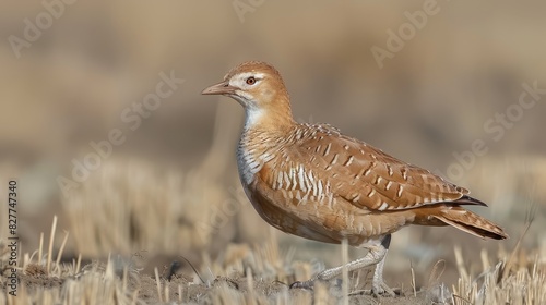  A brown-and-white bird atop a field of intermingled brown and white grasses Behind stands a backdrop of light brown hues © Jevjenijs