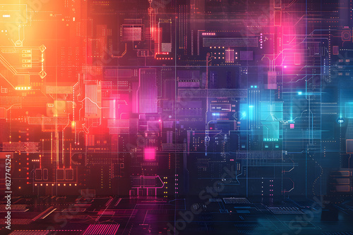 Background with technological digital data interface elements - schematics, chains, and numbers. The color palette with cool shades of blue, purple, green and gray, modern and technological look