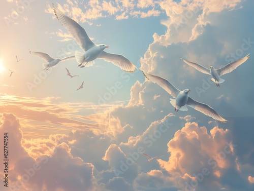 Three birds flying in the sky with clouds in the background © MaxK