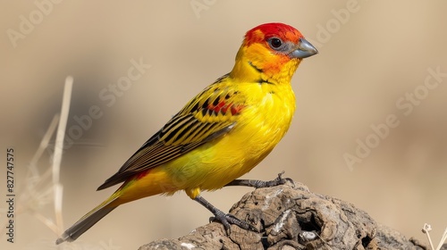  A yellow and red bird sits atop driftwood, adjacent to a dry grass field In the foreground, parched grass prevails Behind, a light brown sky stretches