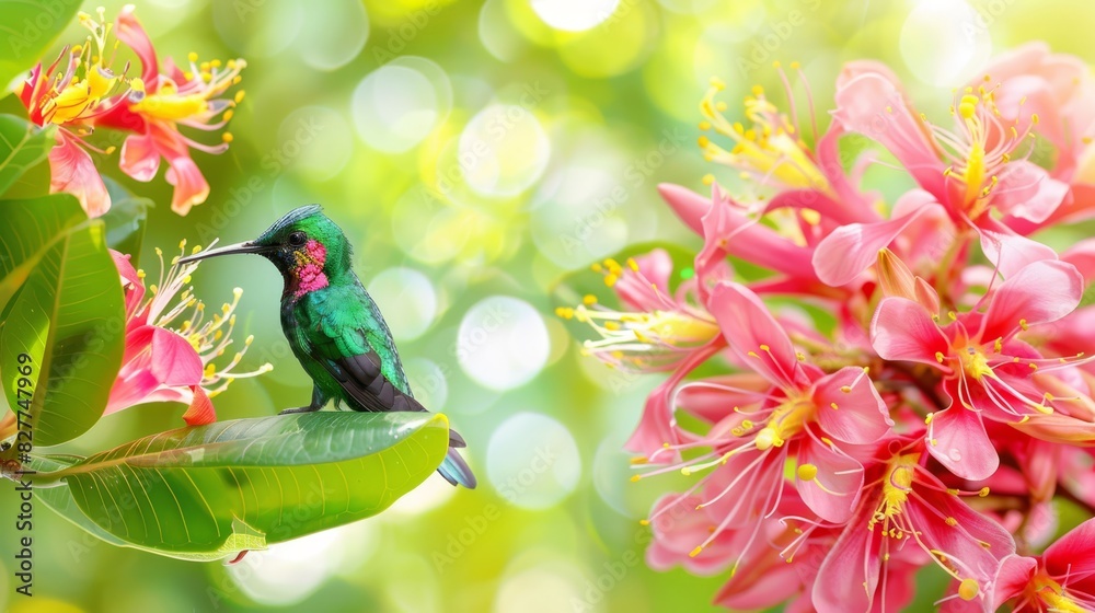  A small green bird perches on a tree branch, surrounded by pink flowers in the foreground Background consists of green leaves and red flowers, softly blurred