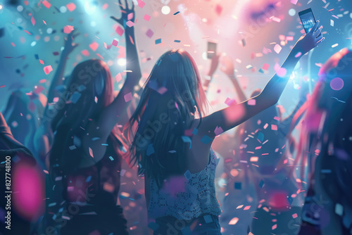 A diverse group of individuals standing together in front of falling confetti, celebrating an event or special occasion