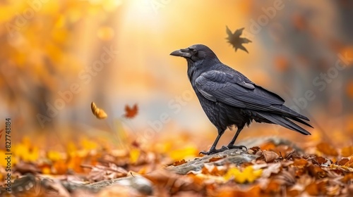  A black bird perches atop a leaf pile in a forest of yellow and red autumn foliage A bird flies nearby