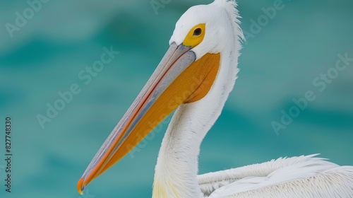  A pelican in focus, beak and bill elongated, near water's edge, backdrop of azure sky photo