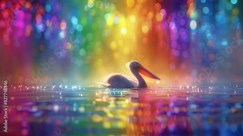  A bird hovering above a rainbow-hued forest and mirrorlike water on a sunlit day The forest is adorned with numerous lights, while the backdrop boasts a photo