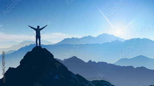 Triumphant Man Hiker Silhouette on Mountain Peak  Adventure  Success  Freedom