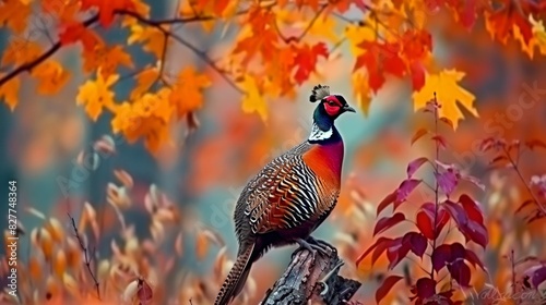  A pheasant perched on a branch against an autumnal backdrop Foreground features red, orange, and yellow leaves Background consists of green and orange leaves (41 tokens photo