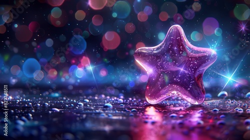  A tight shot of a star-shaped object on a wet surface, surrounded by a halo of lights in the backdrop Background blurred with water droplets scattering on the ground