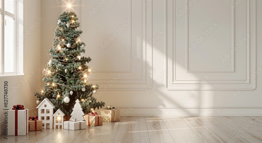 Christmas tree with gifts and white houses on the floor against a light wall, space for text, mockup photorealistic. Christmas concept, New Year's interior design