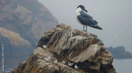  Seagull atop rock, overhanging body of water, foggy daybackdrop Mountain silhouetted in background photo