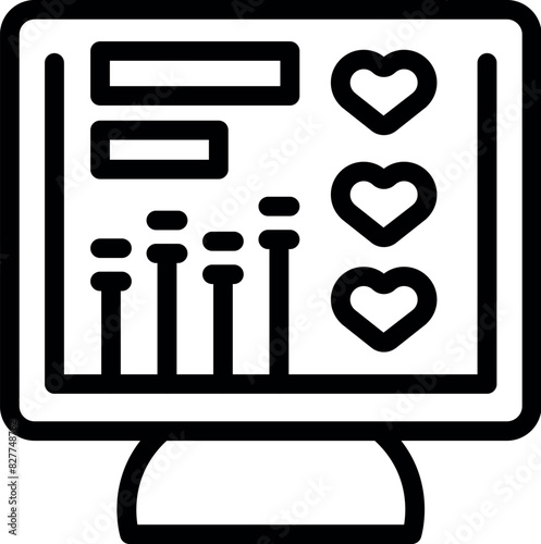 Black and white outline vector icon of a computer monitor displaying customer ratings with hearts