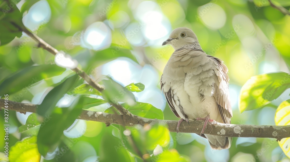 A white bird sits atop a tree branch, surrounded by lush green foliage in the foreground Sunlight filters through the leaves, illuminating the branches behind A white bird sits atop a tree branch, surrounded by lush green foliage in the foreground Sunlight filters through the leaves, illuminating the branches behind