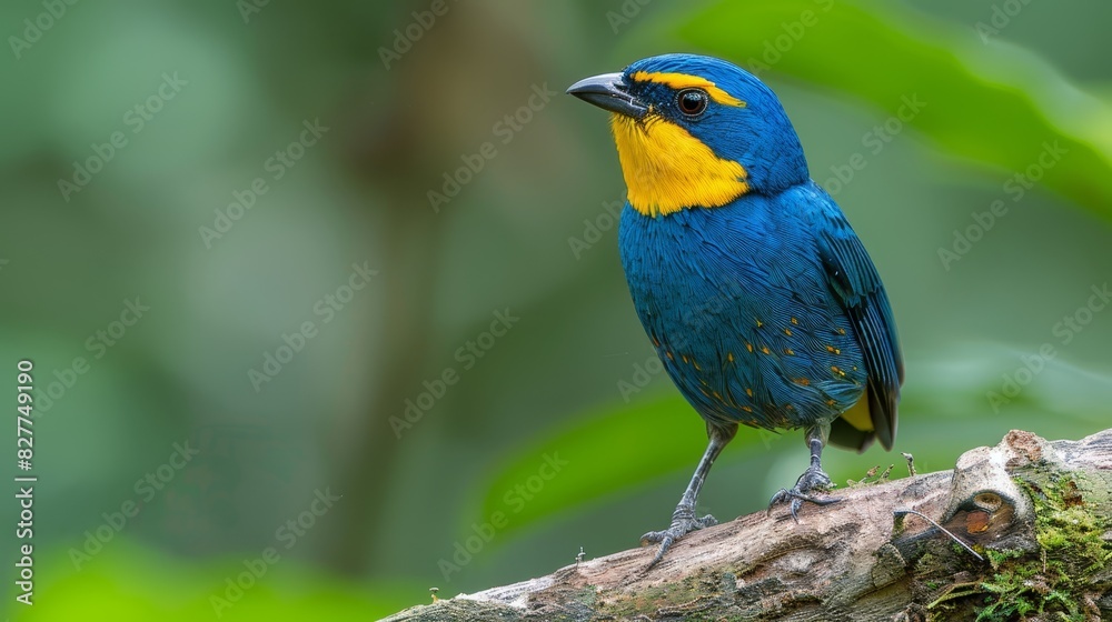  A blue-and-yellow bird perches on a tree branch against a green, leafy backdrop Background features a softly blurred expanse of green leaves