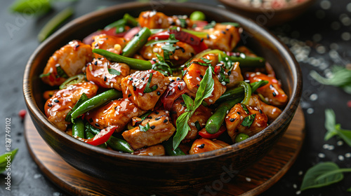 Stir fry chicken sweet peppers and green beans.