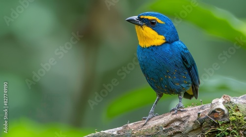  A blue-and-yellow bird perches on a tree branch against a green, leafy backdrop Background features a softly blurred expanse of green leaves