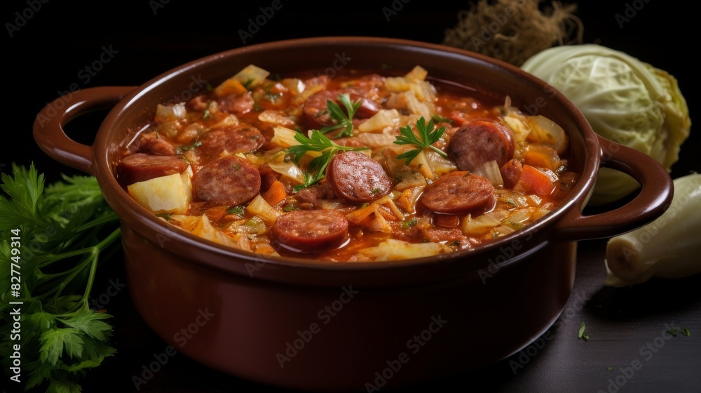 Hearty Sausage And Vegetable Stew In A Traditional Clay Pot. Generative AI Hearty Sausage And Vegetable Stew In A Traditional Clay Pot. Generative AI