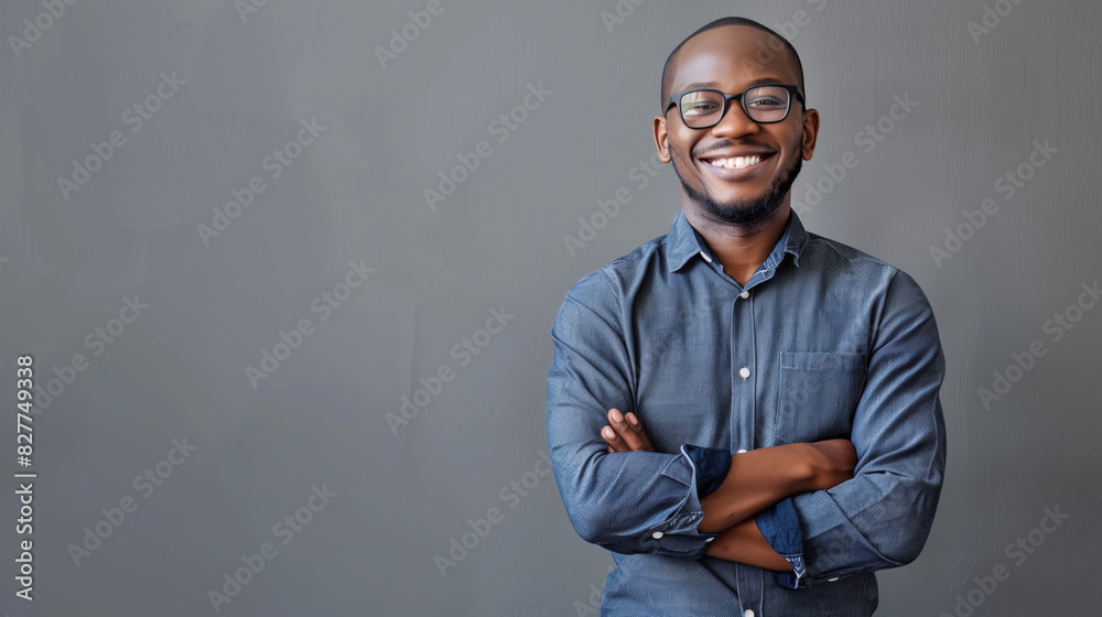 Obraz premium Photo of Smiling young man with glasses standing isolated on grey background